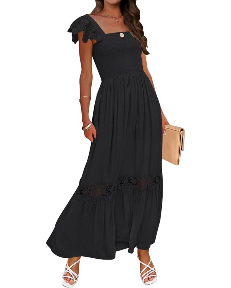 Women's 2024 Summer Lace Strap Sleeveless Square Neck Smocked High Waist Ruffle Hollow Out Flowy A Line Maxi Dress Black $29....