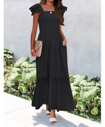 Women's 2024 Summer Lace Strap Sleeveless Square Neck Smocked High Waist Ruffle Hollow Out Flowy A Line Maxi Dress Black $29....