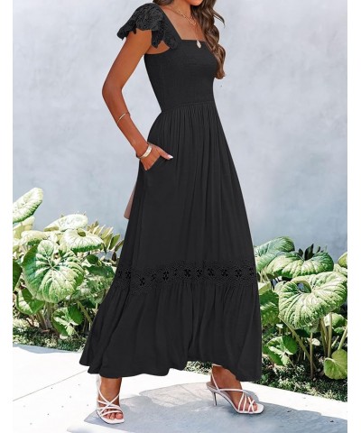 Women's 2024 Summer Lace Strap Sleeveless Square Neck Smocked High Waist Ruffle Hollow Out Flowy A Line Maxi Dress Black $29....