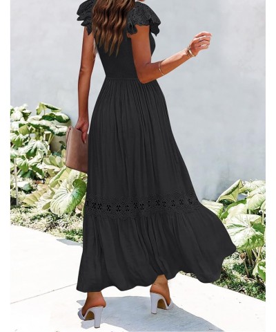 Women's 2024 Summer Lace Strap Sleeveless Square Neck Smocked High Waist Ruffle Hollow Out Flowy A Line Maxi Dress Black $29....