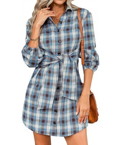 Women's Plaid Shirt Dress Long Sleeve Button Down Lapel Tie Waist Casual Gingham Dress Blue $16.19 Dresses