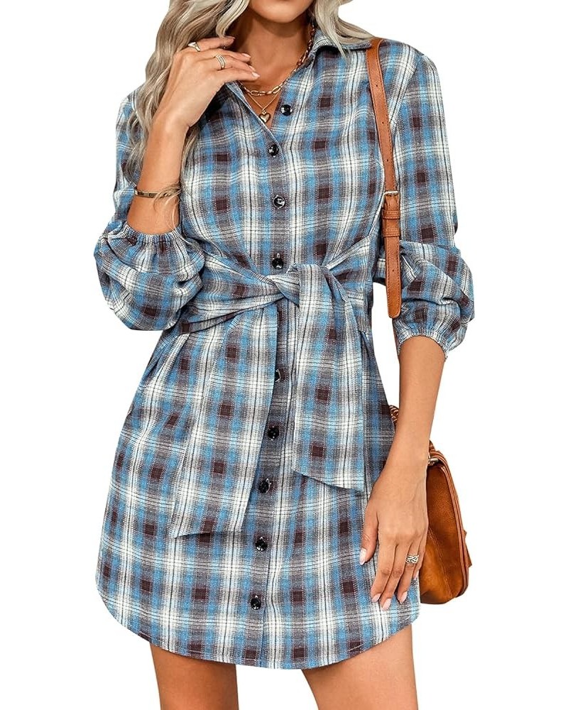 Women's Plaid Shirt Dress Long Sleeve Button Down Lapel Tie Waist Casual Gingham Dress Blue $16.19 Dresses