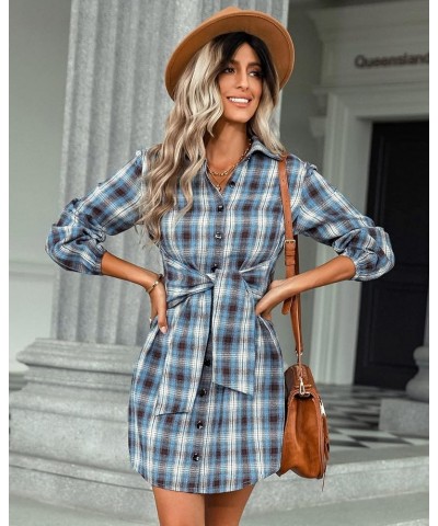 Women's Plaid Shirt Dress Long Sleeve Button Down Lapel Tie Waist Casual Gingham Dress Blue $16.19 Dresses