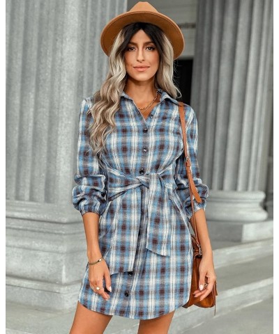 Women's Plaid Shirt Dress Long Sleeve Button Down Lapel Tie Waist Casual Gingham Dress Blue $16.19 Dresses