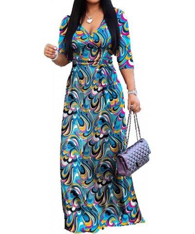 Women's V Neck 3/4 Sleeve Plus Size Long Maxi Dress with Belt 01 Floral-89 $11.60 Dresses