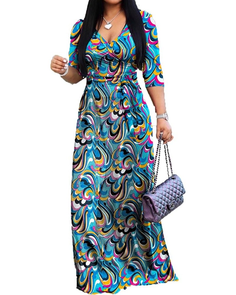 Women's V Neck 3/4 Sleeve Plus Size Long Maxi Dress with Belt 01 Floral-89 $11.60 Dresses