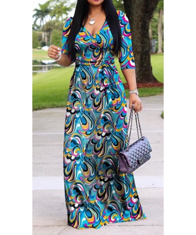 Women's V Neck 3/4 Sleeve Plus Size Long Maxi Dress with Belt 01 Floral-89 $11.60 Dresses