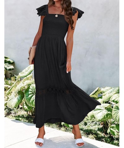 Women's 2024 Summer Lace Strap Sleeveless Square Neck Smocked High Waist Ruffle Hollow Out Flowy A Line Maxi Dress Black $29....