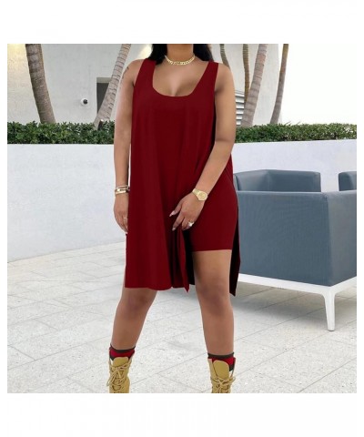 Women's Plus Size 2 Piece Outfits Sleeveless Tunic Tops and Bodycon Biker Shorts Sets Tracksuits Wine Red $14.35 Activewear