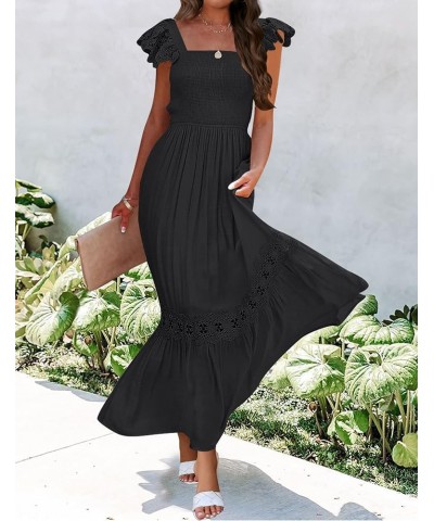 Women's 2024 Summer Lace Strap Sleeveless Square Neck Smocked High Waist Ruffle Hollow Out Flowy A Line Maxi Dress Black $29....