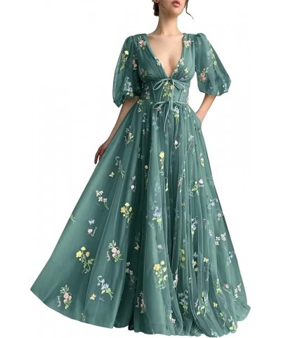 Prom Dresses Tulle Flower Embroidery V-Neck Puffy Sleeve Formal Evening Party Gowns with Bow-Knot Teal $35.25 Dresses