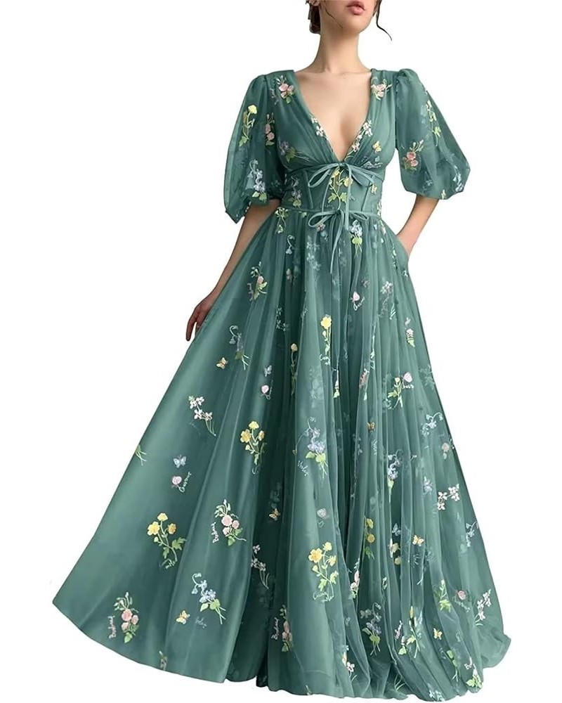 Prom Dresses Tulle Flower Embroidery V-Neck Puffy Sleeve Formal Evening Party Gowns with Bow-Knot Teal $35.25 Dresses