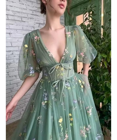 Prom Dresses Tulle Flower Embroidery V-Neck Puffy Sleeve Formal Evening Party Gowns with Bow-Knot Teal $35.25 Dresses