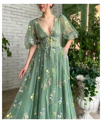 Prom Dresses Tulle Flower Embroidery V-Neck Puffy Sleeve Formal Evening Party Gowns with Bow-Knot Teal $35.25 Dresses