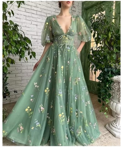 Prom Dresses Tulle Flower Embroidery V-Neck Puffy Sleeve Formal Evening Party Gowns with Bow-Knot Teal $35.25 Dresses