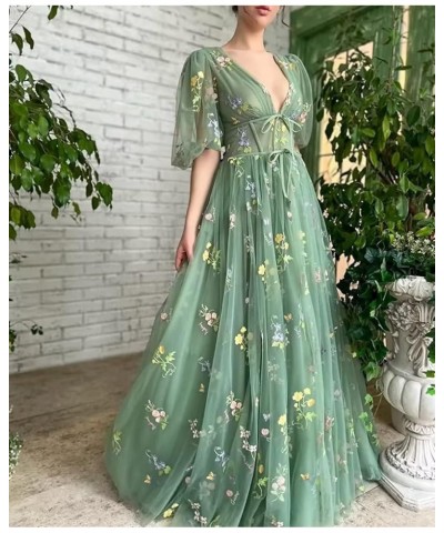 Prom Dresses Tulle Flower Embroidery V-Neck Puffy Sleeve Formal Evening Party Gowns with Bow-Knot Teal $35.25 Dresses