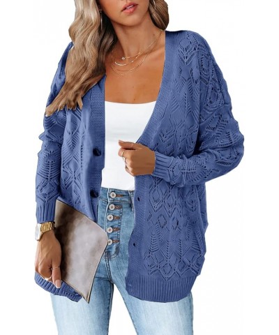 Women's Long Sleeve Crochet Cardigan Boho Knit Lightweight Open Casual Button Down Sweaters Outwear Blue $10.19 Sweaters