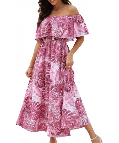 Women's Dresses for Summer A Line Dresses Off Shoulder Ruffle Maxi Tropical Printed Dress Pink $25.91 Dresses