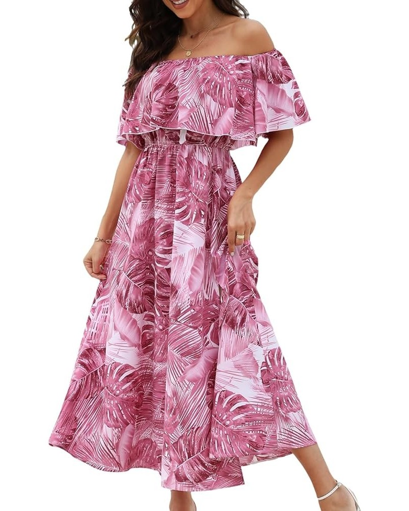 Women's Dresses for Summer A Line Dresses Off Shoulder Ruffle Maxi Tropical Printed Dress Pink $25.91 Dresses