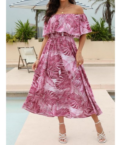 Women's Dresses for Summer A Line Dresses Off Shoulder Ruffle Maxi Tropical Printed Dress Pink $25.91 Dresses