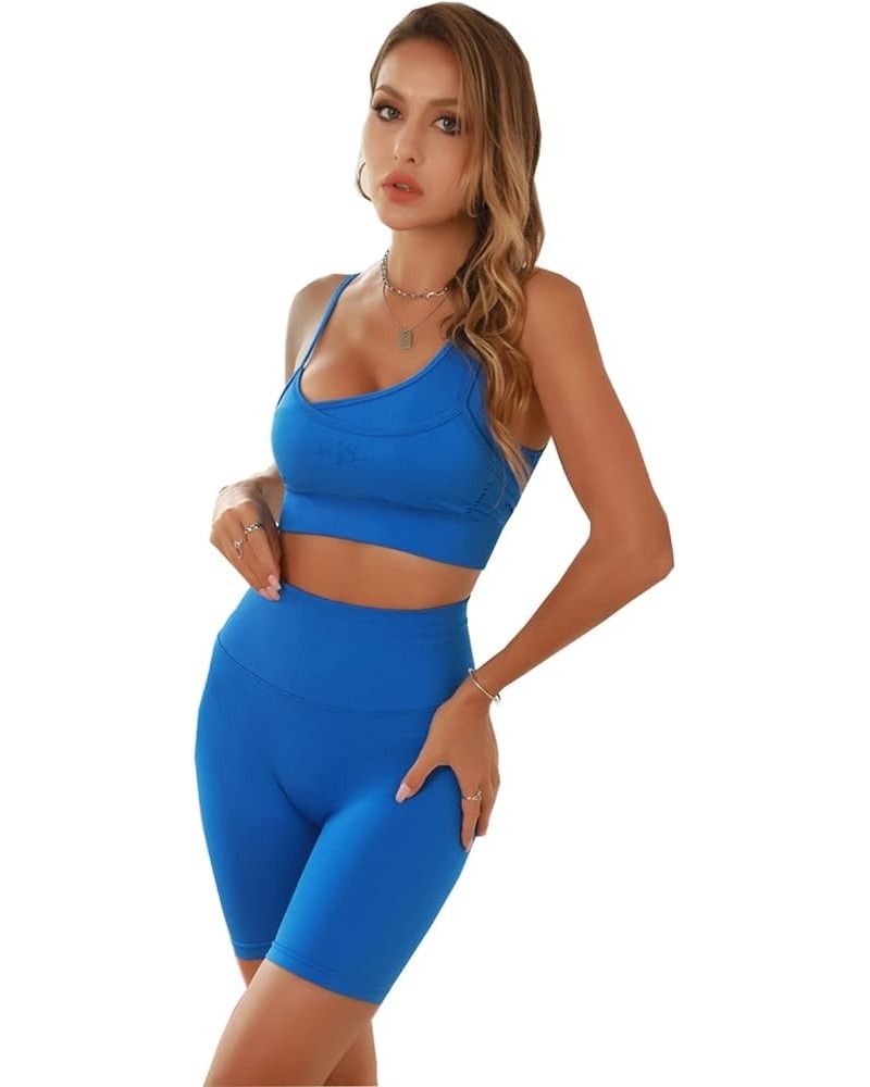 Womens' Workout Sets 2 Pcs Gym Outfits for Seamless Yoga One Shoulder Strap Sports Bra Biker Shorts Tracksuits Blue $10.63 Ac...