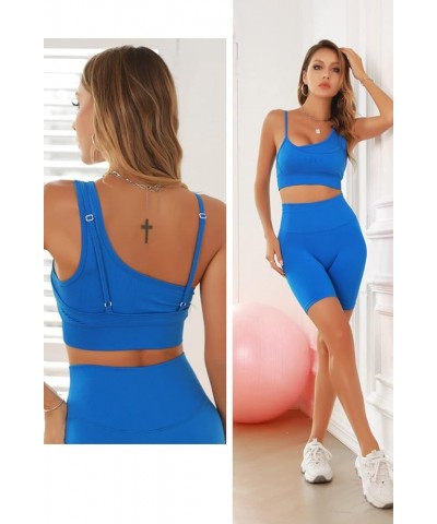 Womens' Workout Sets 2 Pcs Gym Outfits for Seamless Yoga One Shoulder Strap Sports Bra Biker Shorts Tracksuits Blue $10.63 Ac...