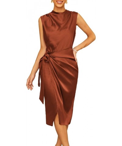 Women's Satin Sleeveless Mock Neck Keyhole Bodycon Dresses Cowl Neck Tie Waist Faux Wrap Midi Cocktail Dress Rust Brown $32.9...