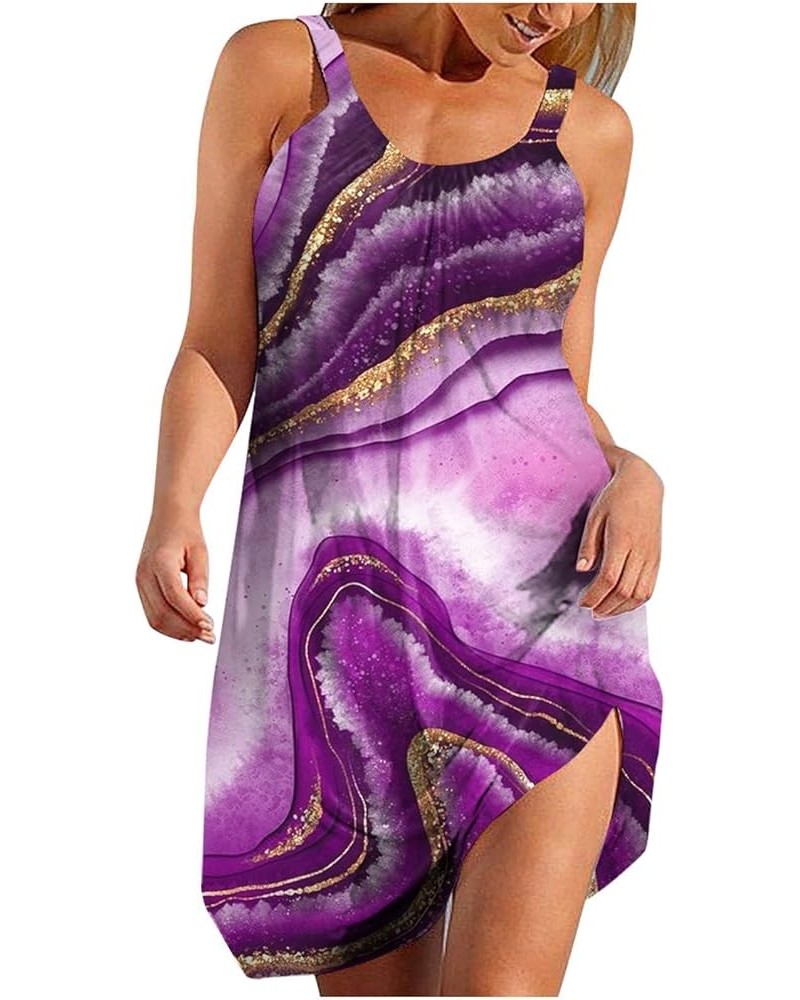 Summer Beach Dress for Women Strappy Empire Waist Floral Print Sleeveless Loose Flowy Mini Sundress Shift Tunic Dress Purple ...