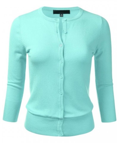 Women's Button Down 3/4 Sleeve Crew Neck Knit Cardigan Sweater (S-3X) Fsw024_iceblue $18.28 Sweaters