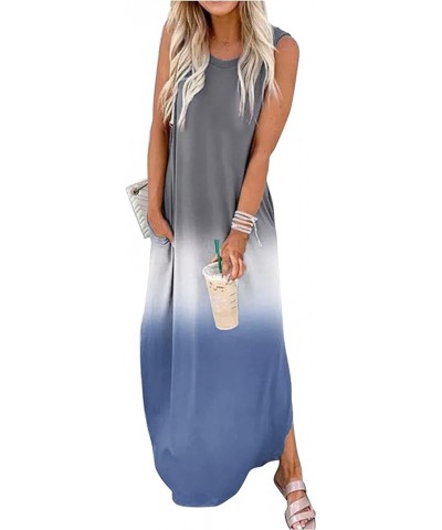 Rainbow Graphics Summer Dress Womens Sleeveless Pocket Maxi Dress Summer Hawaiian Beach Tank Dress Plain Shirt Dress Grey-blu...