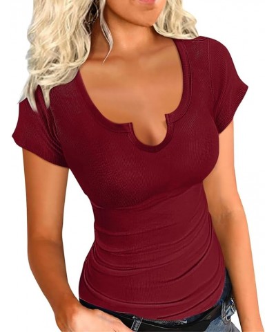 Womens Summer Short Sleeve Tops V Neck T Shirts Sexy Tops Short Sleeve Shirts for Women Fitted Tshirt Tees Ribbed A - Wine Re...