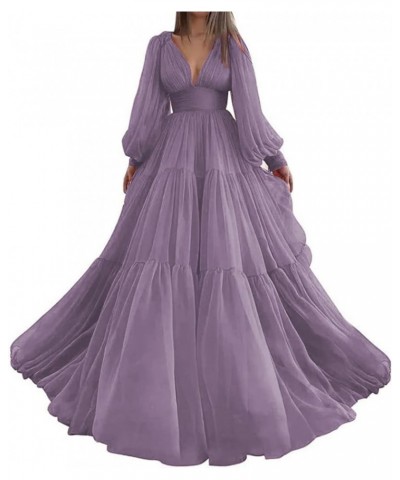 Long Sleeve Tulle Prom Dresses V Neck Puffy Formal Evening Party Gown for Women Princess Wedding Dress Wisteria $41.24 Dresses