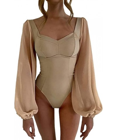 Women Square Neck Puff Long Sleeve Bodysuit Tops Sexy Bodycon Jumpsuit For Women Khaki $13.26 Bodysuits