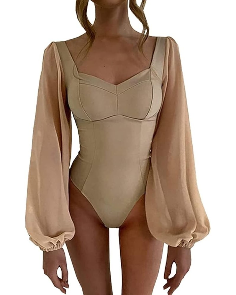 Women Square Neck Puff Long Sleeve Bodysuit Tops Sexy Bodycon Jumpsuit For Women Khaki $13.26 Bodysuits