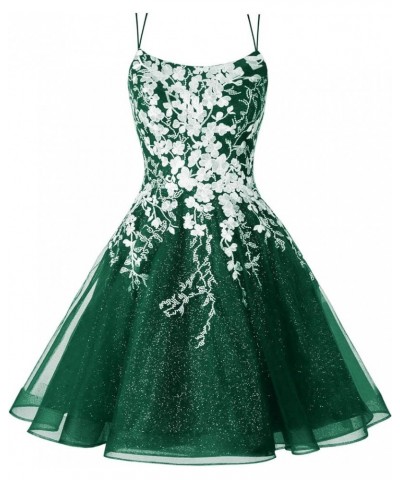 Sparkly Tulle Homecoming Dresses 2024 Spaghetti Straps Lace Appliques Scoop Neck A Line Short Cocktail Party Gown Emerald Gre...