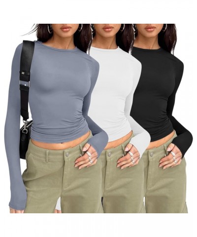 3 Pieces Women Solid Basic Crop Tops Shirts Going Out Spring Fashion Layer Slim Fit Y2k Long Sleeve Crew Neck Top $3pc-blue W...