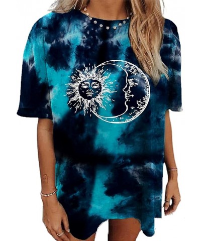 Women Sun and Moon Tie Dye T-Shirt Round Neck Short Sleeve Top Casual Funny Cute Teen Girl Tee Darkcyan $6.23 T-Shirts