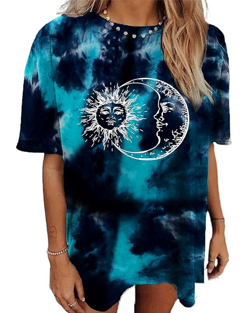 Women Sun and Moon Tie Dye T-Shirt Round Neck Short Sleeve Top Casual Funny Cute Teen Girl Tee Darkcyan $6.23 T-Shirts