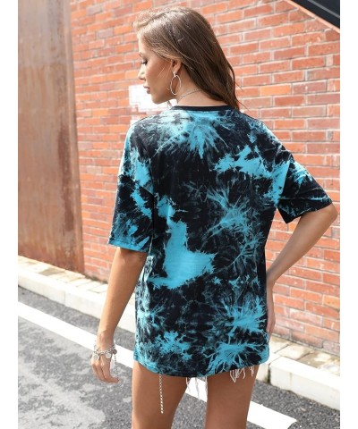 Women Sun and Moon Tie Dye T-Shirt Round Neck Short Sleeve Top Casual Funny Cute Teen Girl Tee Darkcyan $6.23 T-Shirts