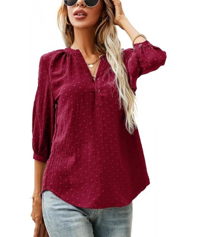 Women's Casual 3/4 Sleeve Henley V-Neck Button Up Pleated Back Blouses Swiss Dot Blouse Tops T-Shirts S-XXL Red $16.66 Tops