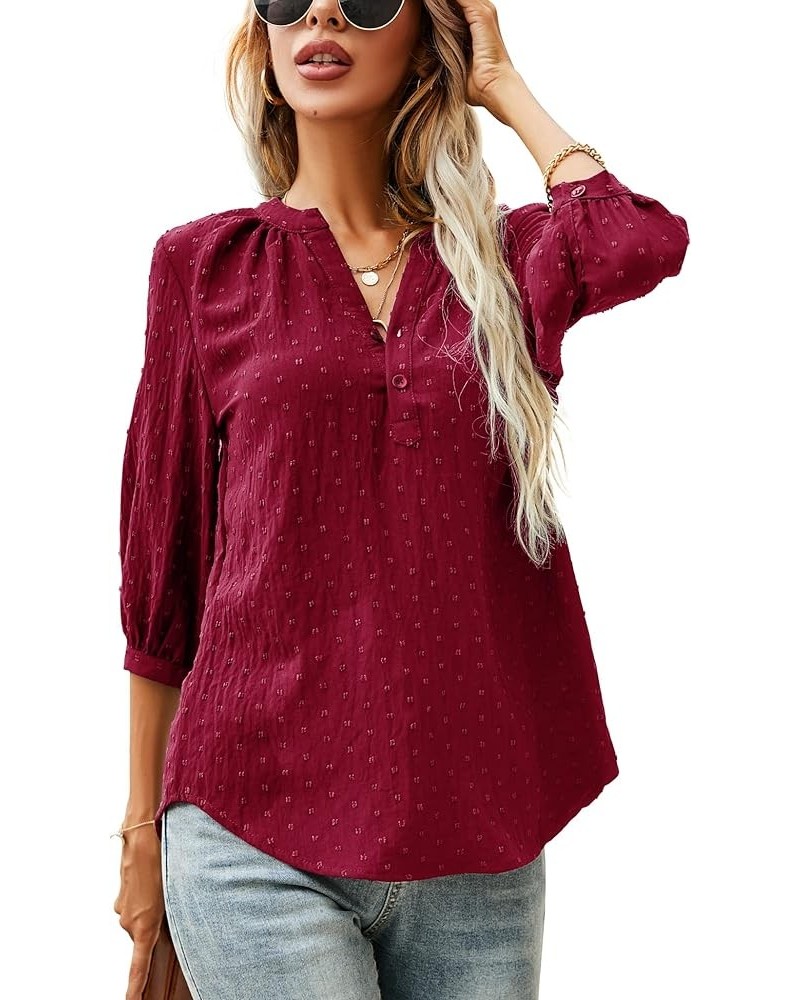 Women's Casual 3/4 Sleeve Henley V-Neck Button Up Pleated Back Blouses Swiss Dot Blouse Tops T-Shirts S-XXL Red $16.66 Tops