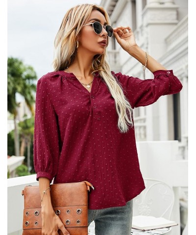 Women's Casual 3/4 Sleeve Henley V-Neck Button Up Pleated Back Blouses Swiss Dot Blouse Tops T-Shirts S-XXL Red $16.66 Tops