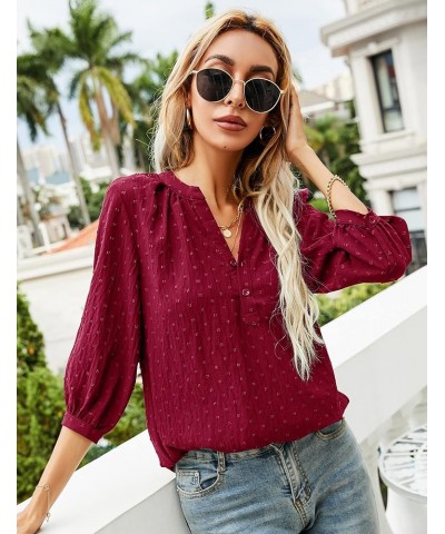 Women's Casual 3/4 Sleeve Henley V-Neck Button Up Pleated Back Blouses Swiss Dot Blouse Tops T-Shirts S-XXL Red $16.66 Tops