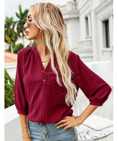 Women's Casual 3/4 Sleeve Henley V-Neck Button Up Pleated Back Blouses Swiss Dot Blouse Tops T-Shirts S-XXL Red $16.66 Tops