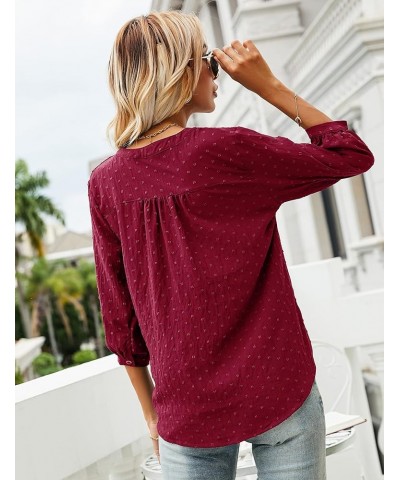 Women's Casual 3/4 Sleeve Henley V-Neck Button Up Pleated Back Blouses Swiss Dot Blouse Tops T-Shirts S-XXL Red $16.66 Tops