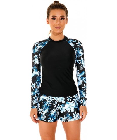 Women Long Sleeve Rash Guard Set Swimwear Two Pieces Floral Print Swim Shirt with Shorts Swimsuit Bathing Suits Black + Blue ...