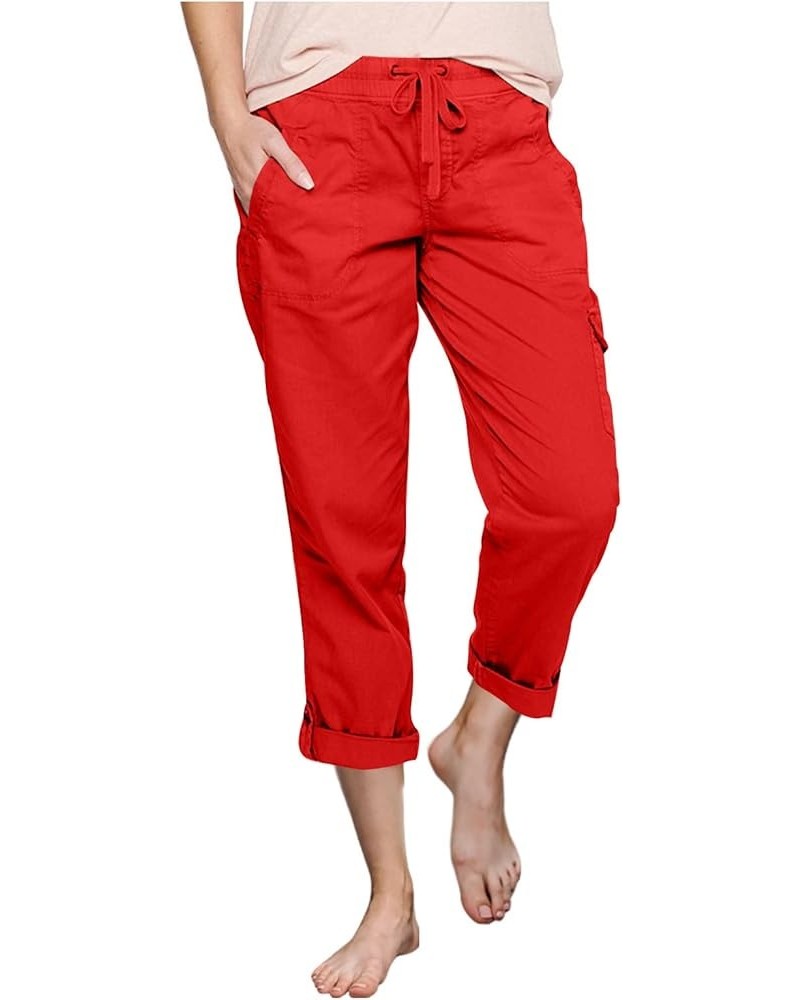 Cargo Pants Women High Waist Fashion Adjustable Drawstring Elastic Waist Wide Leg Pants Loose Trousers with Pockets A21 Red $...