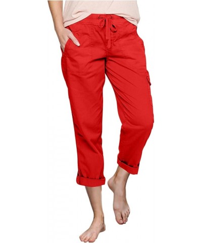 Cargo Pants Women High Waist Fashion Adjustable Drawstring Elastic Waist Wide Leg Pants Loose Trousers with Pockets A21 Red $...