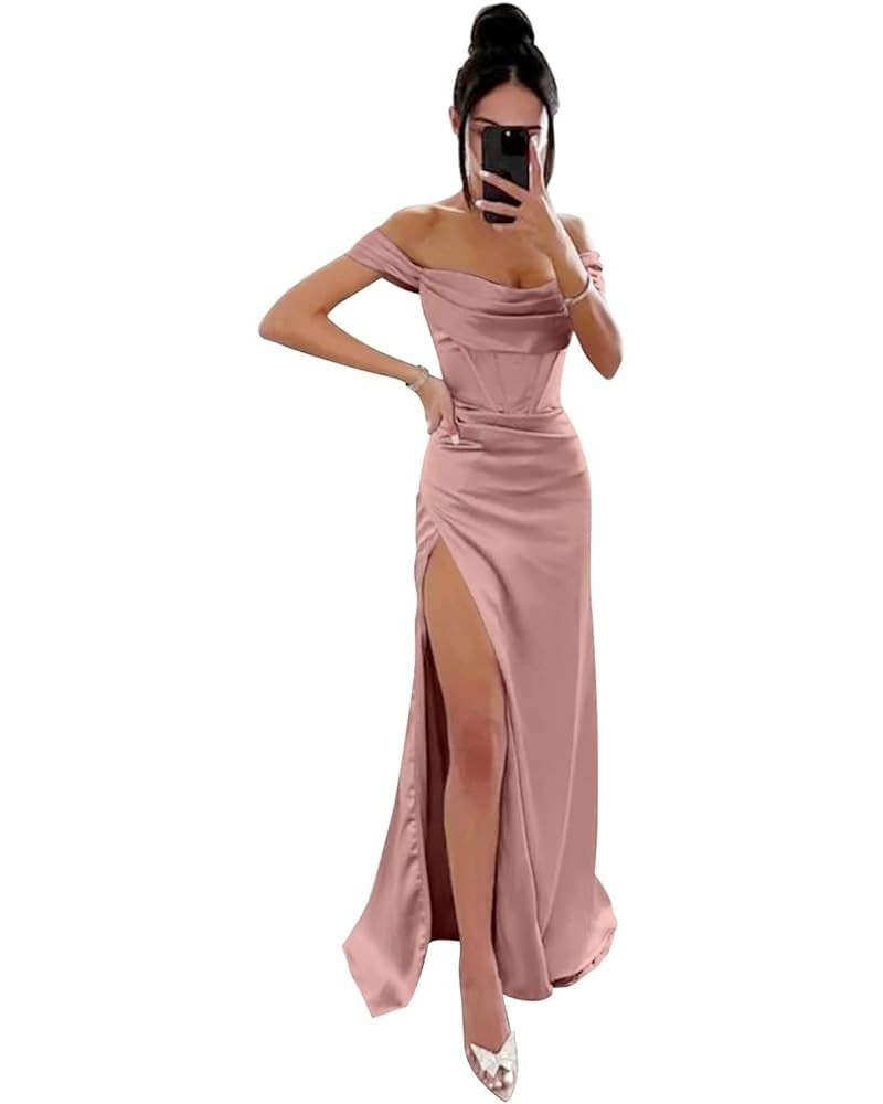 Off Shoulder Bridesmaid Dresses for Women Ruched Satin Long Formal Gown Mermaid Prom Dress with Slit EV9712 Dusty Rose $25.49...