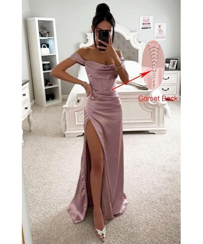 Off Shoulder Bridesmaid Dresses for Women Ruched Satin Long Formal Gown Mermaid Prom Dress with Slit EV9712 Dusty Rose $25.49...